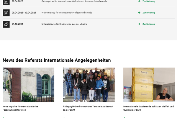 Screenshot of the news items on www.lmu.de/international